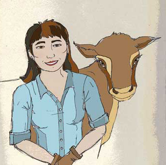 Woman with her pet cow by Susan Fluegel at Grey Duck Garlic